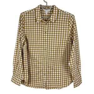 Garnet Hill Signature Organic-Pima-Cotton Shirt Gold Tan Gingham Plaid 12 NEW